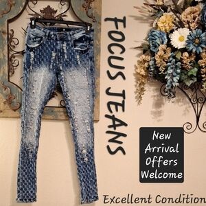 FOCUS JEANS Chic Blue Patterned Skinny Jeans. NWOT Size 29